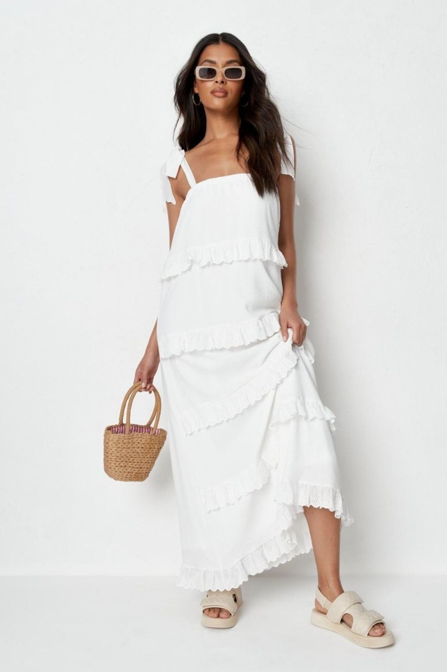 Women Styched Fashion | White Cami Ruffled Tiered Maxi Dress