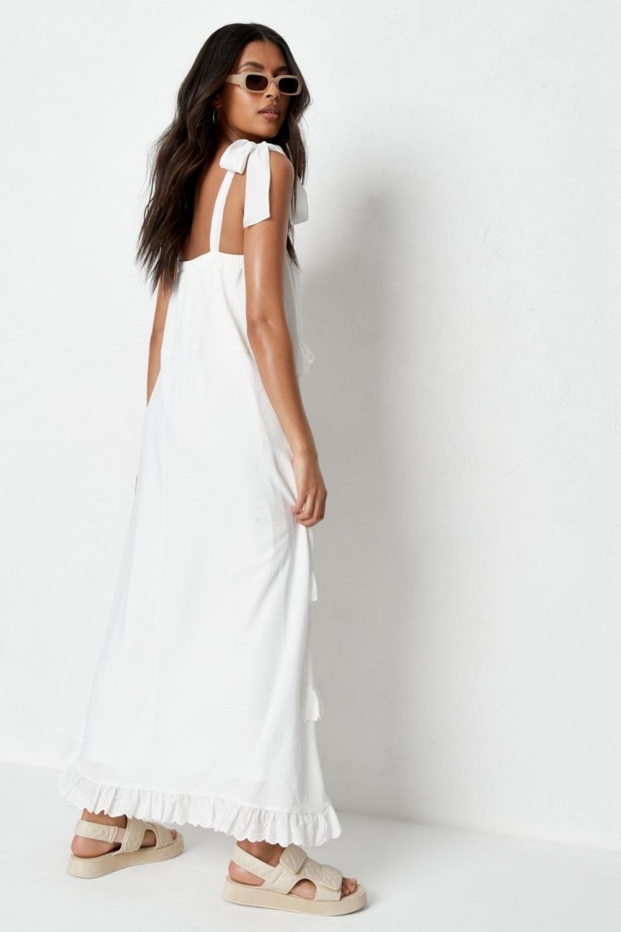 Women Styched Fashion | White Cami Ruffled Tiered Maxi Dress