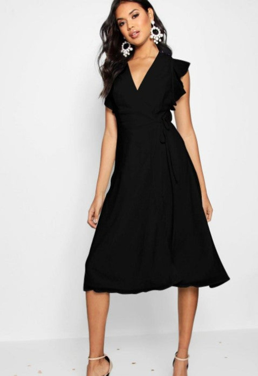 Women Styched Fashion | Black Georgette Ruffle Skater Wrap Dress