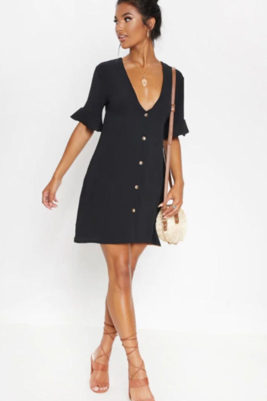 Women Styched Fashion | Frill Hem Black Mini Dress