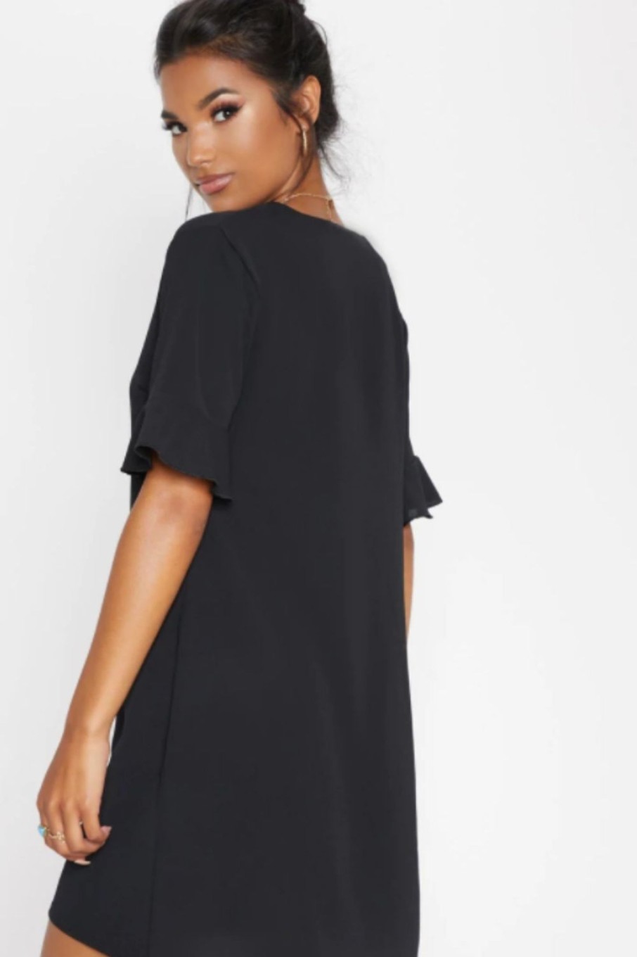 Women Styched Fashion | Frill Hem Black Mini Dress