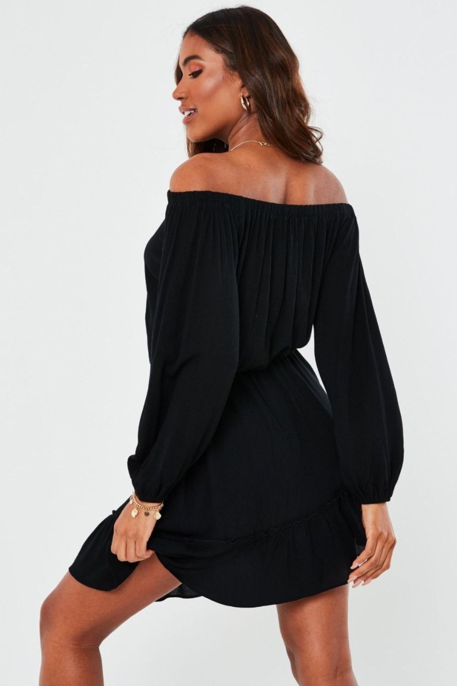 Women Styched Fashion | Black Offshoulder Full Sleeve Mini Dress