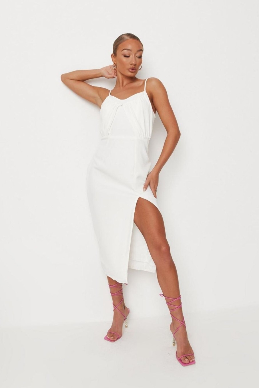 Women Styched Fashion | White Ruched Bust Strappy Midaxi Dress