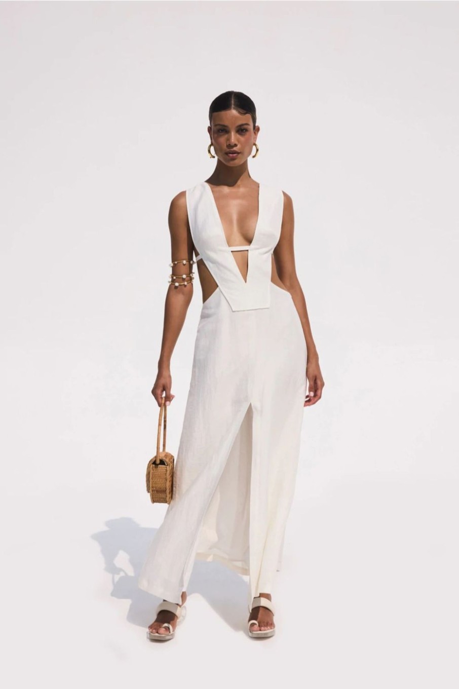 Women Styched Fashion | White Cotton V Neck Slit Dress