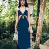 Women Styched Fashion | Blue Woven Cut Out Summery Dress