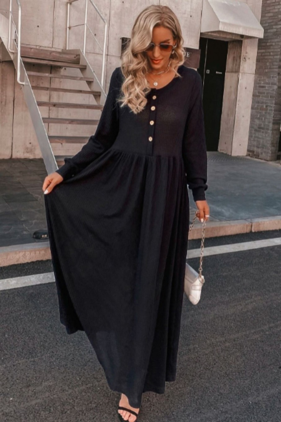 Women Styched Fashion | Half Button Maxi Dress