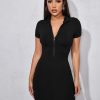 Women Styched Fashion | Half Placket Bodycon Dress Black