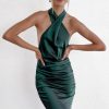 Women Styched Fashion | Grace Forest Green Halter Neckline Dress