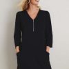 Women Styched Fashion | Black Zip V Neck Shift Dress