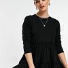 Women Styched Fashion | Long Sleeved Tiered Smock Mini Tshirt Dress In Black