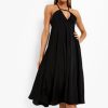 Women Styched Fashion | Black Strappy Back Pleated Midi Skater Dress