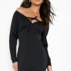 Women Styched Fashion | Black Bardot Long Sleeve Mini Dress