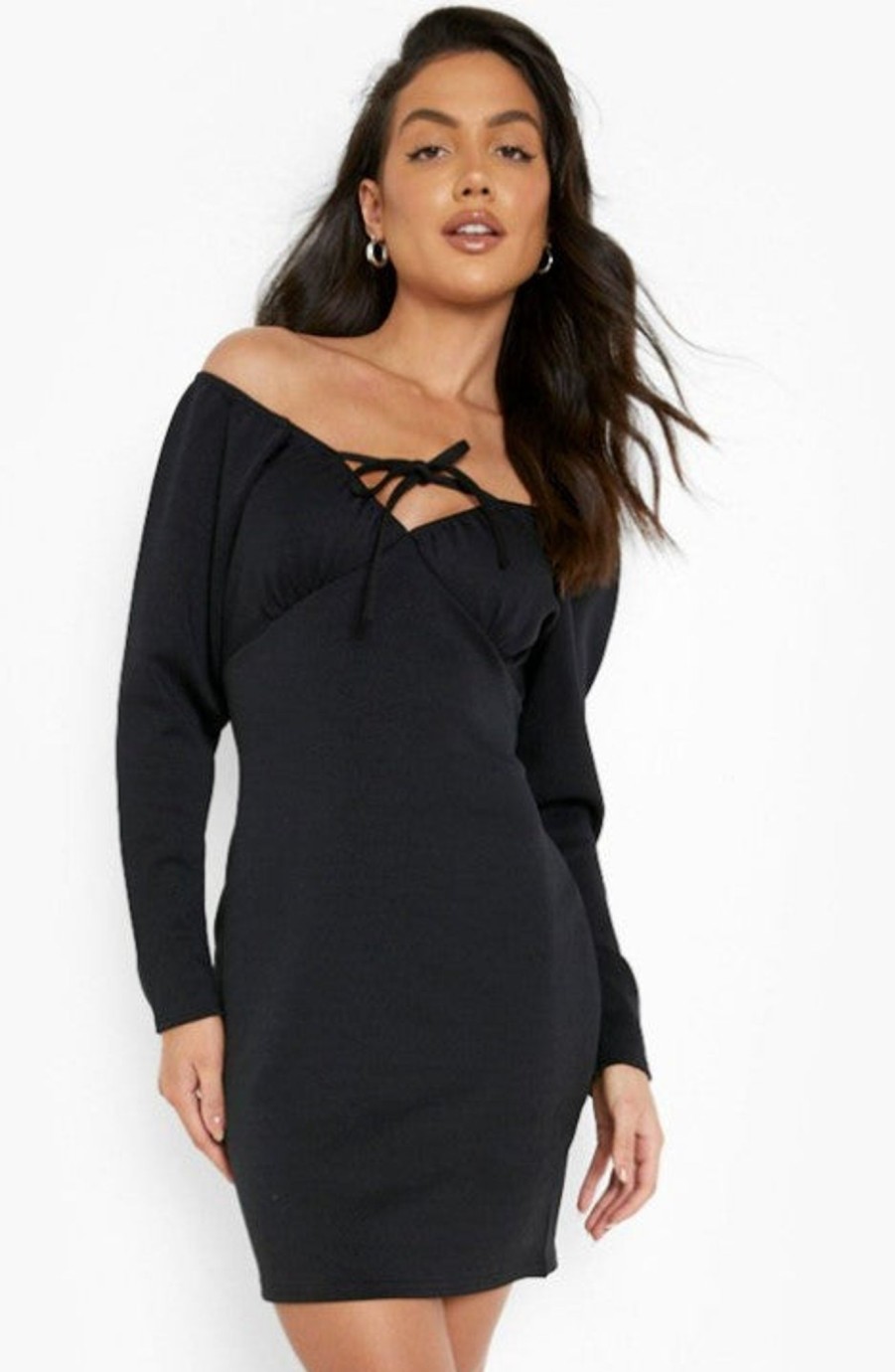 Women Styched Fashion | Black Bardot Long Sleeve Mini Dress