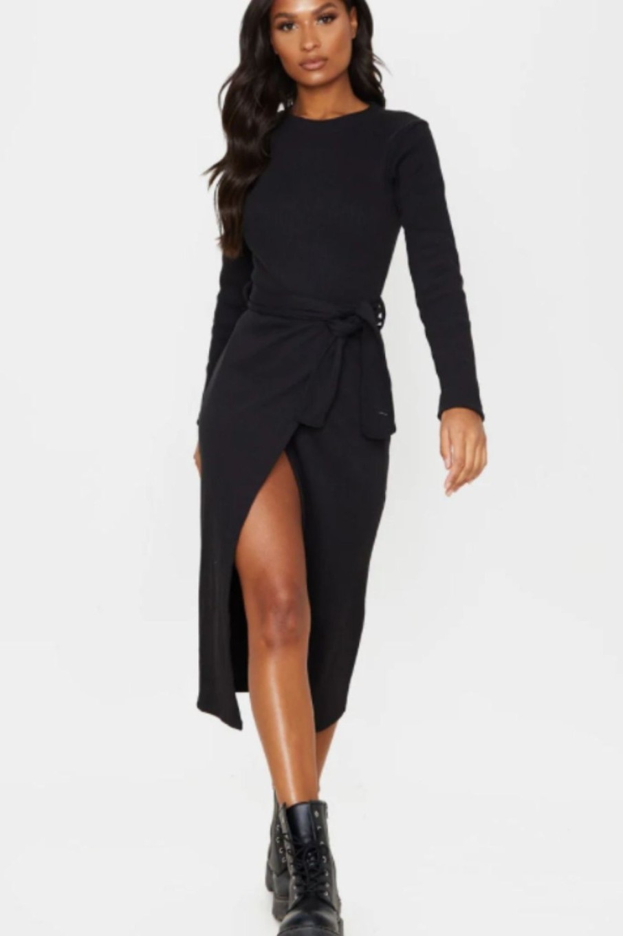 Women Styched Fashion | Round Full Sleeves Black Midi Dress