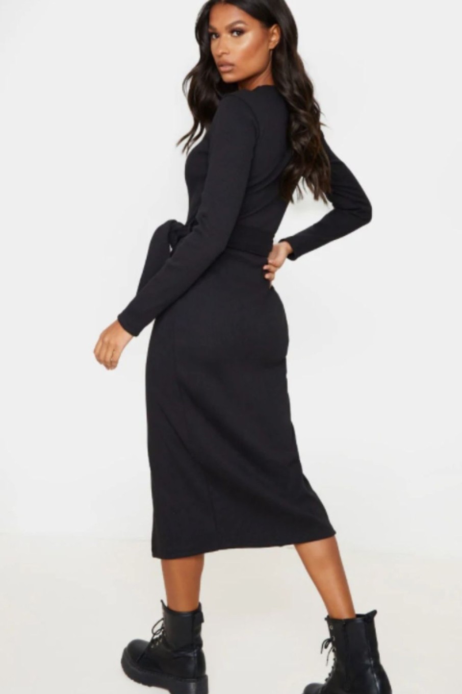 Women Styched Fashion | Round Full Sleeves Black Midi Dress