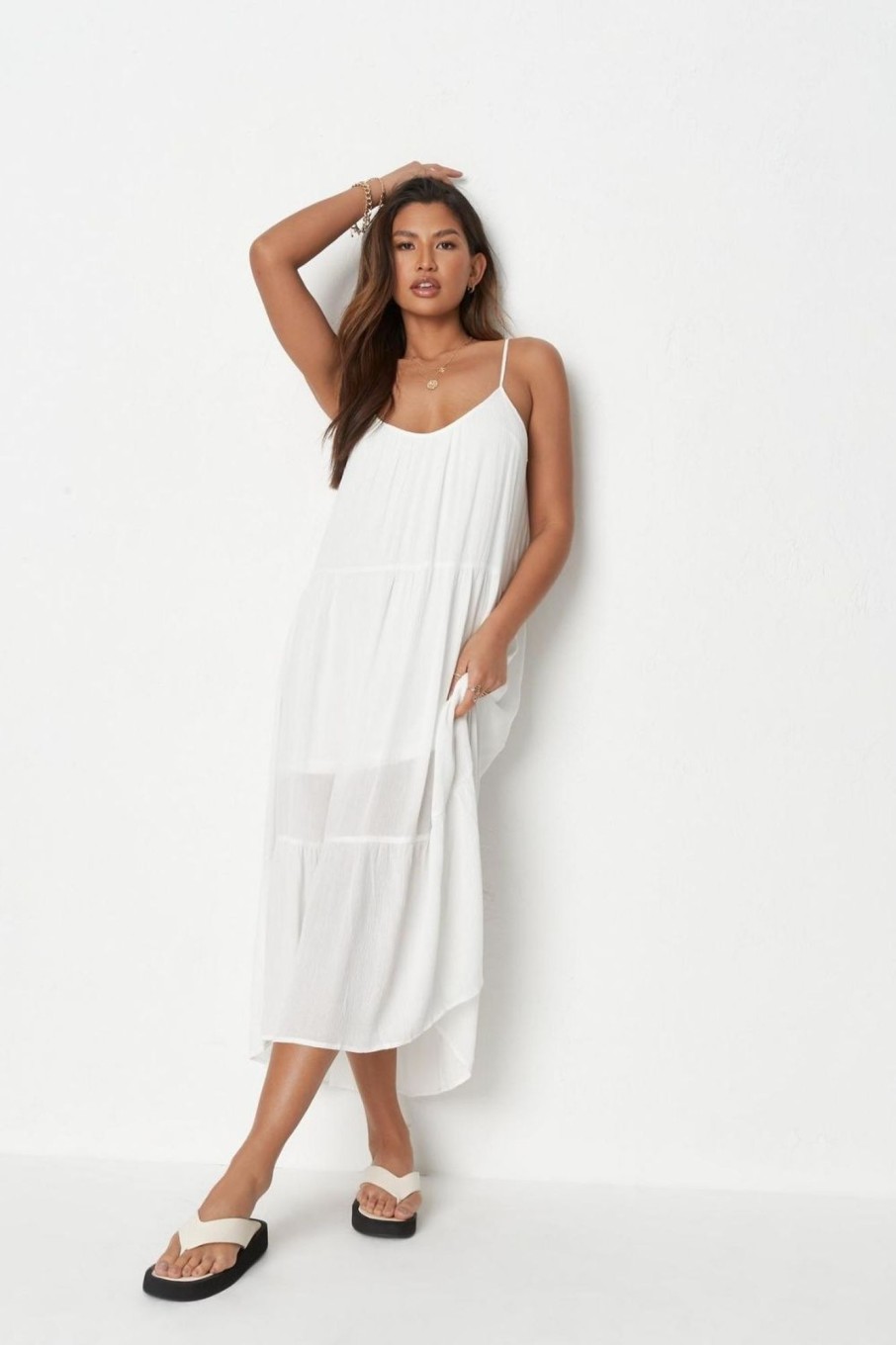 Women Styched Fashion | White Tiered Cami Midi Smock Dress