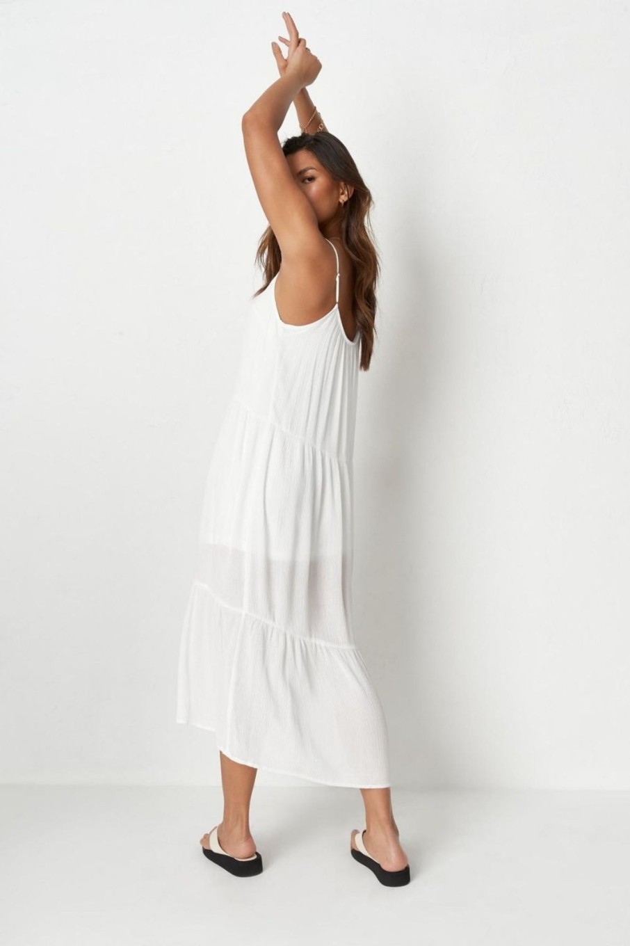 Women Styched Fashion | White Tiered Cami Midi Smock Dress