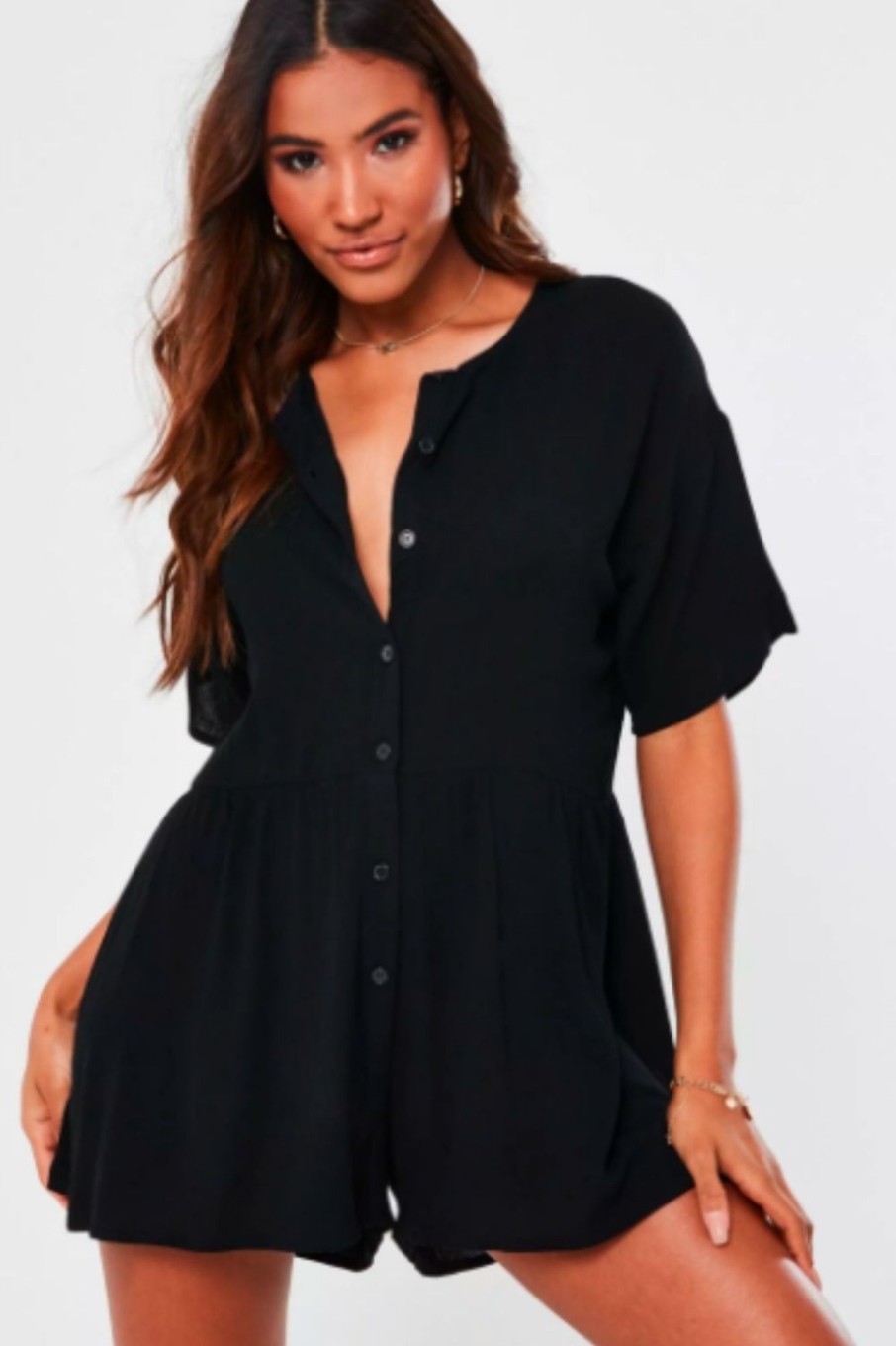 Women Styched Fashion | Black Button Down Romper