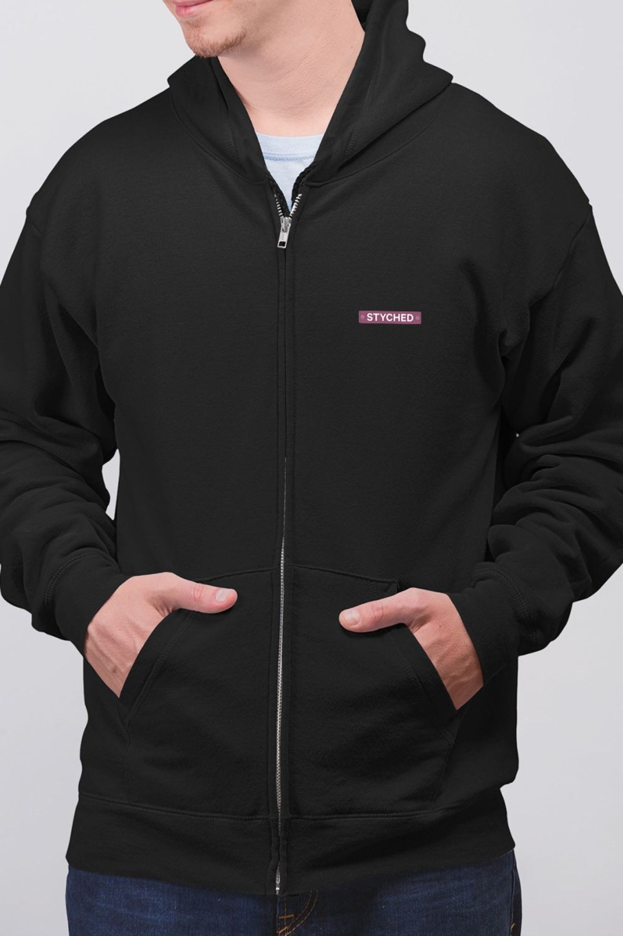 Men Styched Fashion | Styched Plain - Full Zip Premium Hoodies Black No Threads