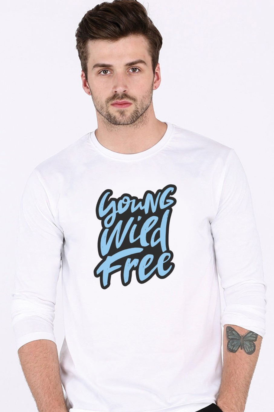 Men Styched Fashion | Young Wild And Free - White Full Sleeve T-Shirt Cotton