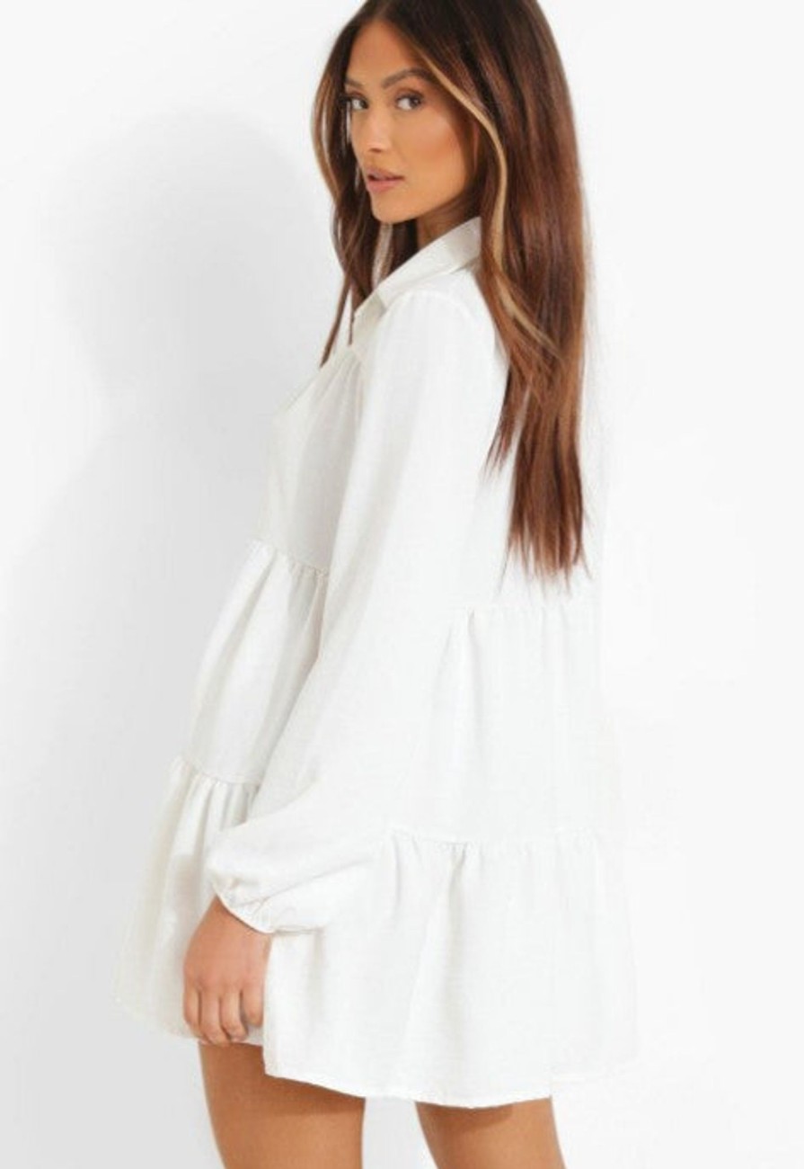 Women Styched Fashion | White Tiered Shirt Dress