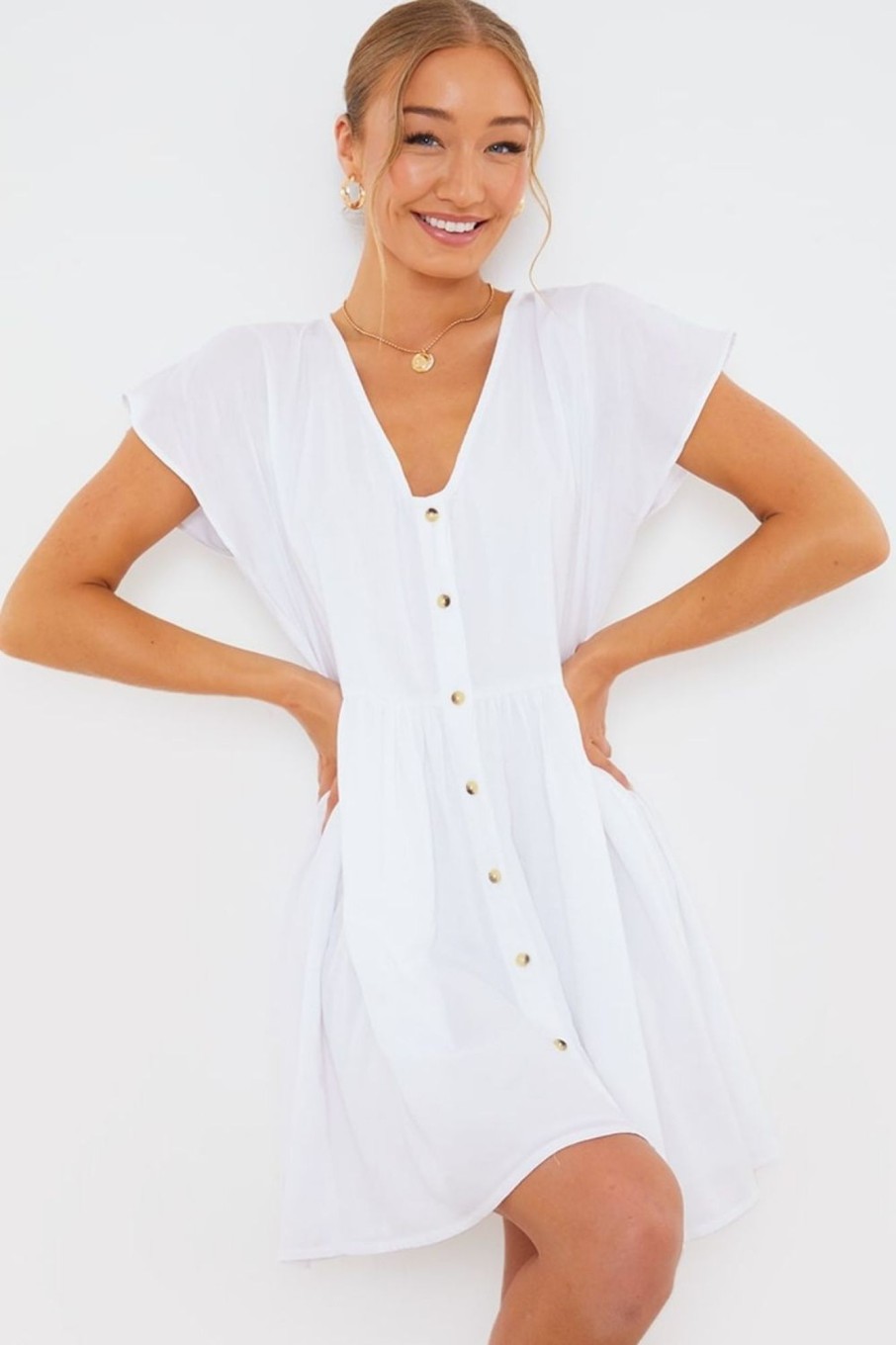 Women Styched Fashion | White Button Front Frill Mini Dress