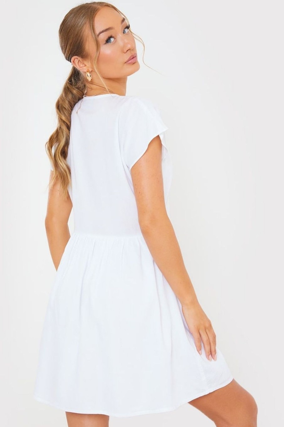 Women Styched Fashion | White Button Front Frill Mini Dress