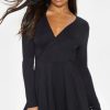 Women Styched Fashion | Plunge Neck Mini Black Flare Dress