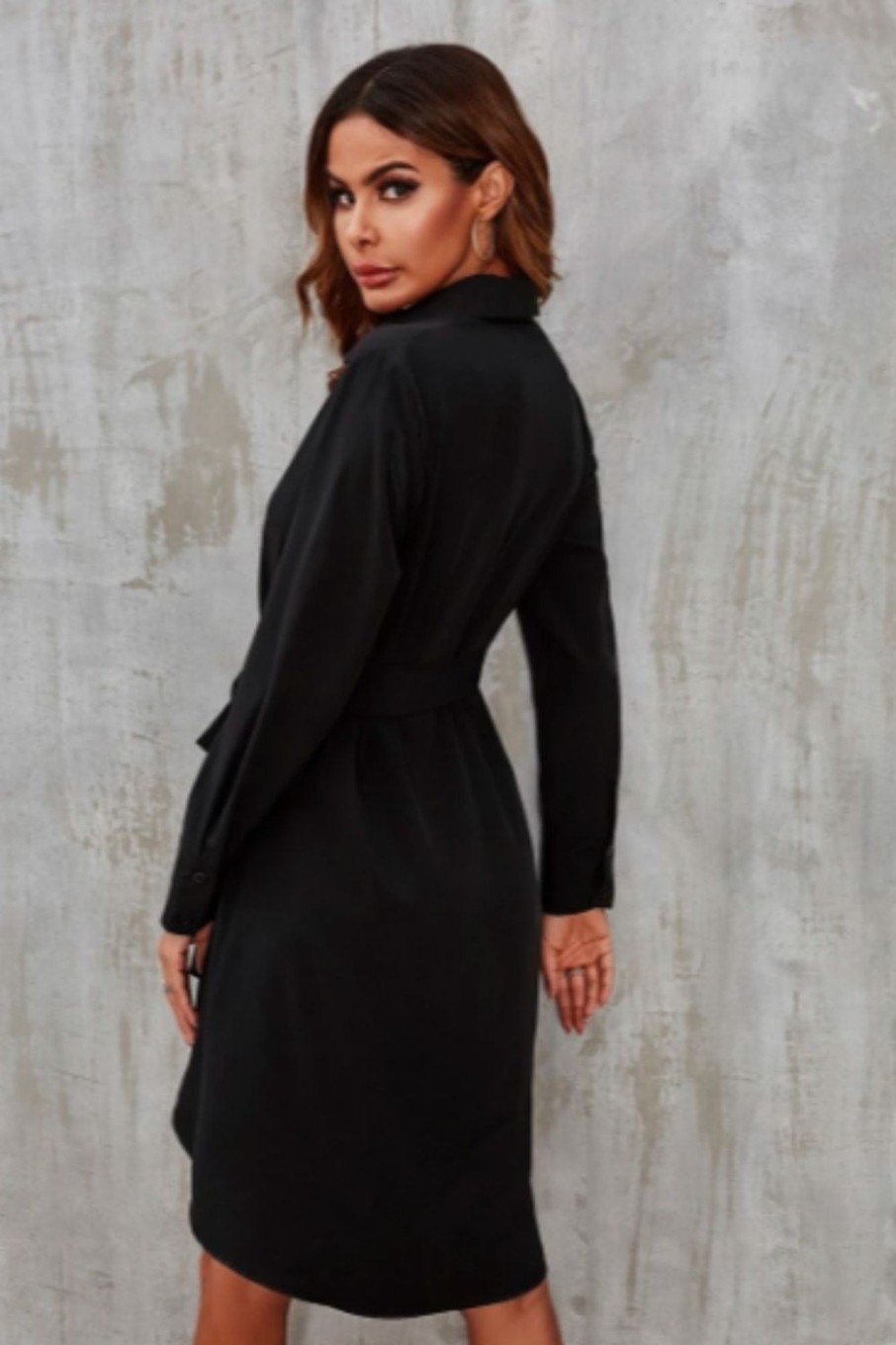 Women Styched Fashion | Button Down Shirt Dress Black