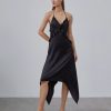 Women Styched Fashion | Black Ruffled Halter Neck Silky Dress