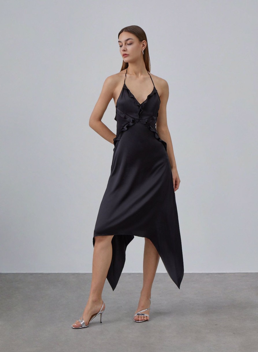 Women Styched Fashion | Black Ruffled Halter Neck Silky Dress