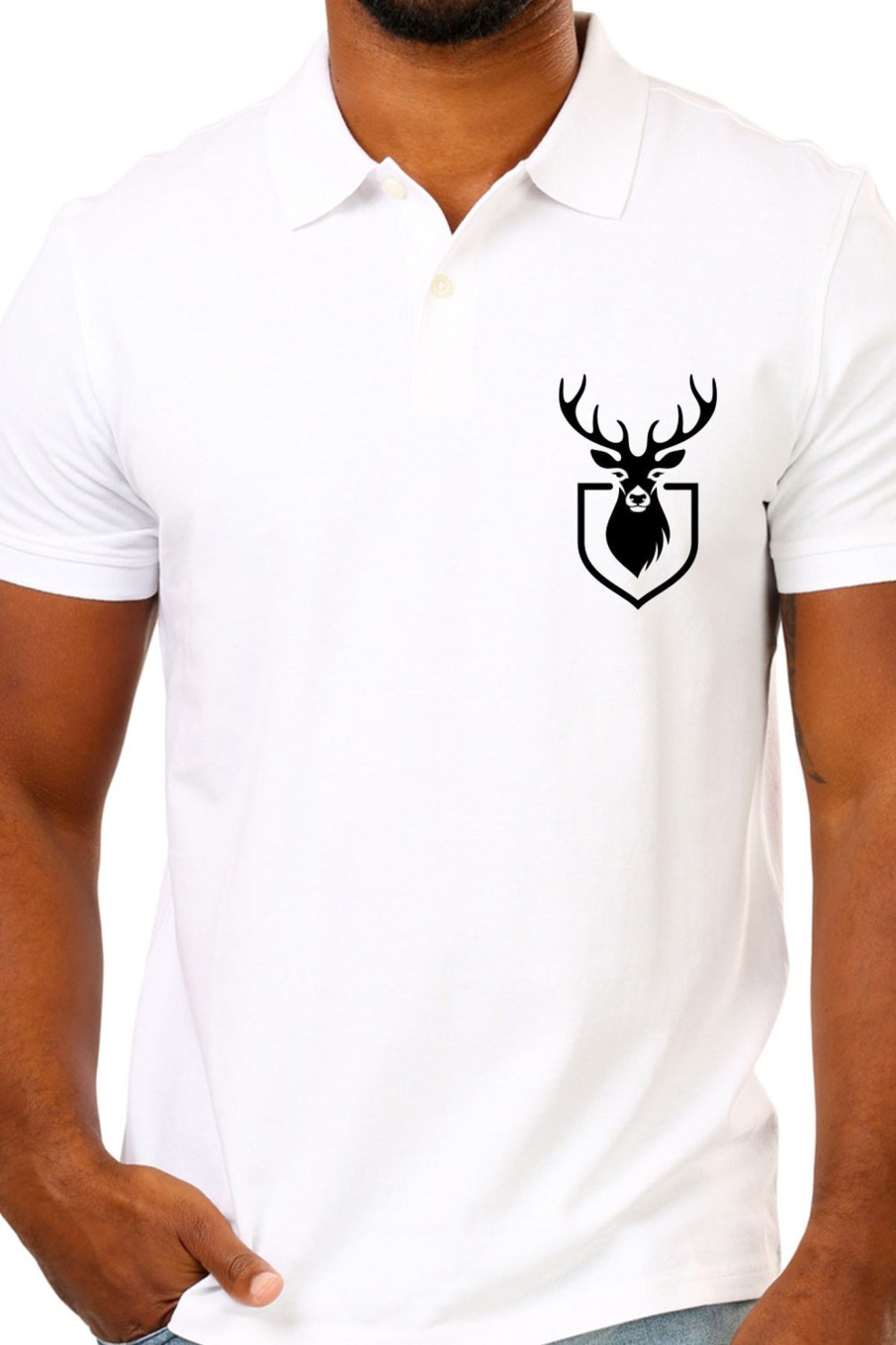 Men Styched Fashion | White Premium Polo T-Shirt With Deer Minimal Silhouette Graphics On Pocket Printed