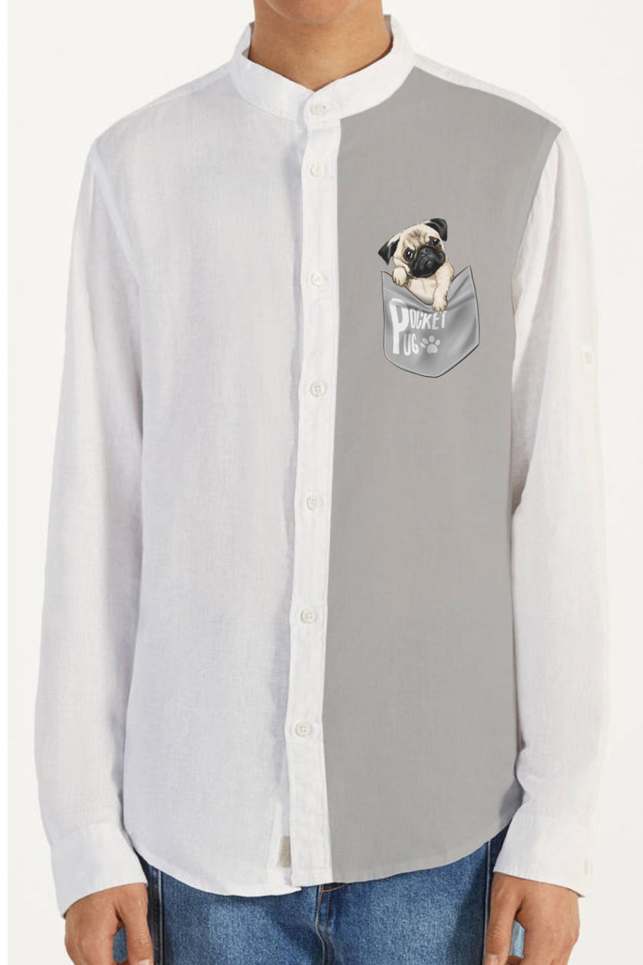 Men Styched Fashion | Pocket Pug White And Grey Full Sleeve Shirt