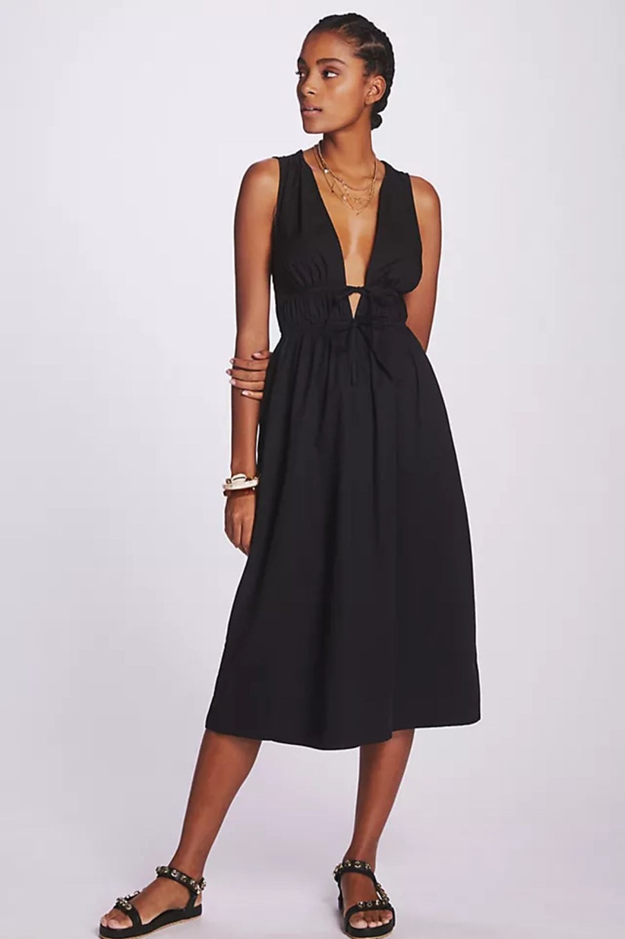 Women Styched Fashion | Faithfull Deep-V Midi Dress