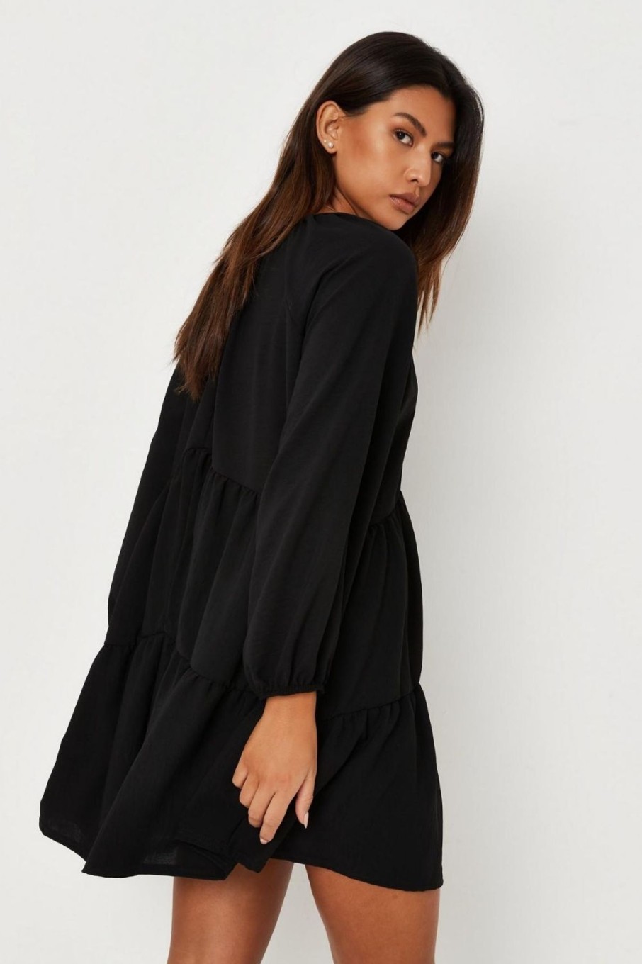 Women Styched Fashion | Black Tiered V Neck Smock Dress