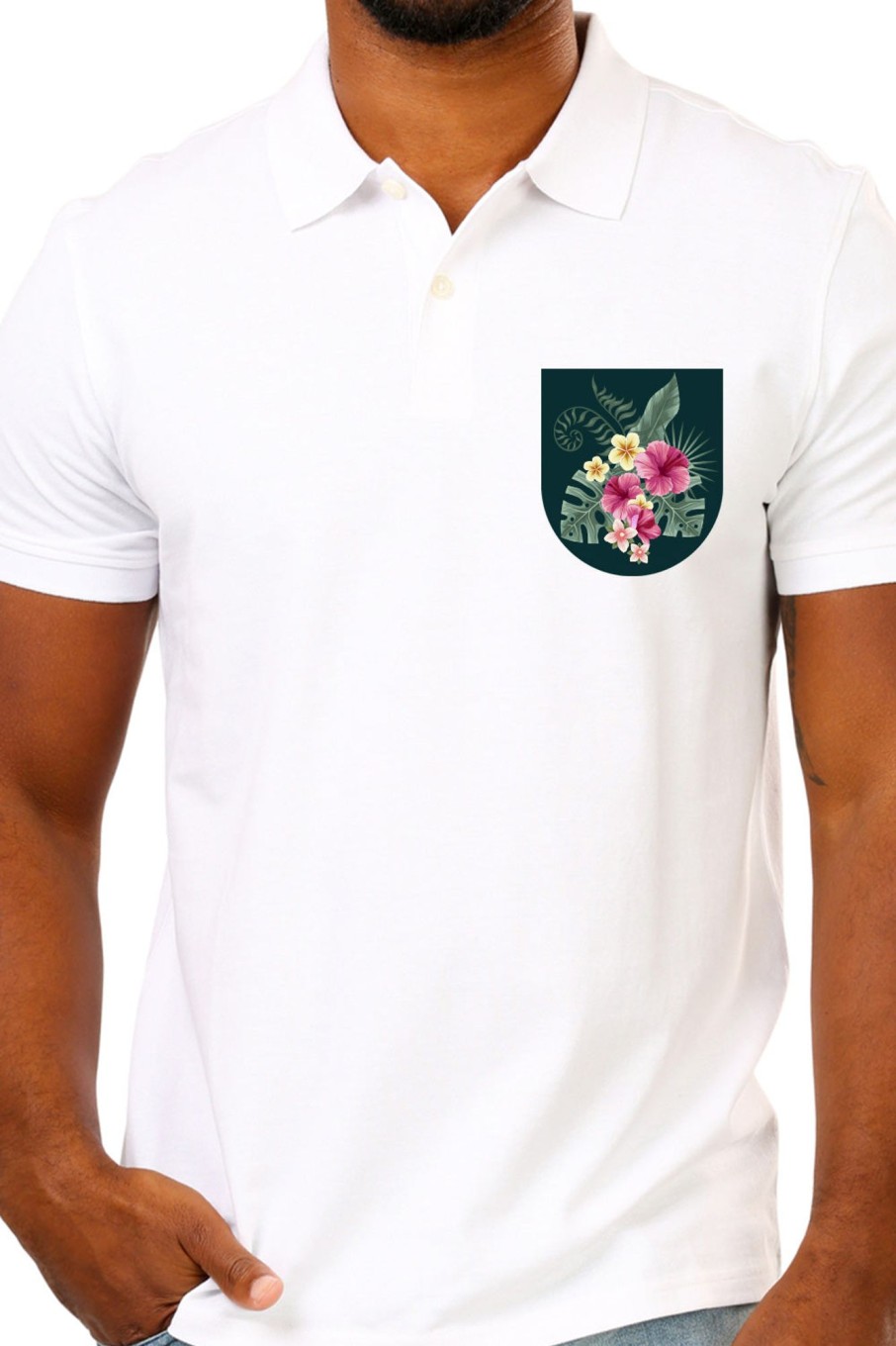 Men Styched Fashion | White Premium Polo T-Shirt With Tropical Grunge Graphics On Pocket Printed