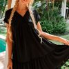 Women Styched Fashion | V Neck Ruffle Hem Solid Smock Dress