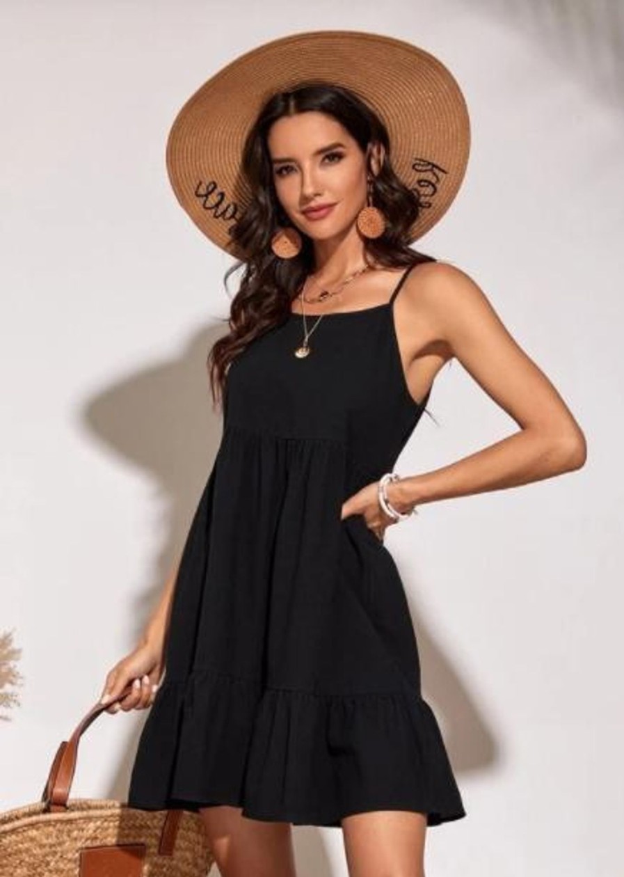 Women Styched Fashion | Black Ruffle Hem Dress