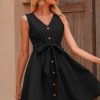 Women Styched Fashion | V Neck Button Down Tie Dress