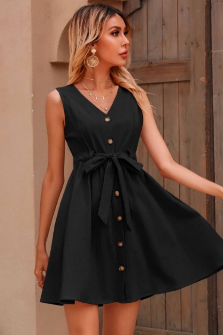 Women Styched Fashion | V Neck Button Down Tie Dress