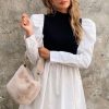 Women Styched Fashion | Mock Neck Puff Sleeve Color Block Dress