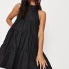 Women Styched Fashion | High Neck Ruffled Mini Dress In Black