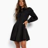 Women Styched Fashion | Black Cotton Balloon Sleeve Pleat Detail Shirt Dress