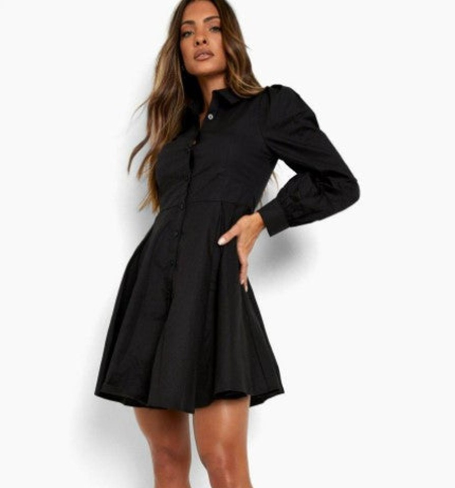 Women Styched Fashion | Black Cotton Balloon Sleeve Pleat Detail Shirt Dress