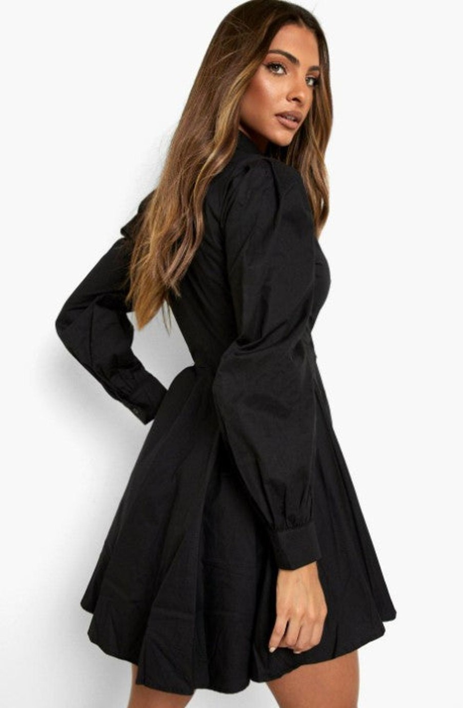 Women Styched Fashion | Black Cotton Balloon Sleeve Pleat Detail Shirt Dress