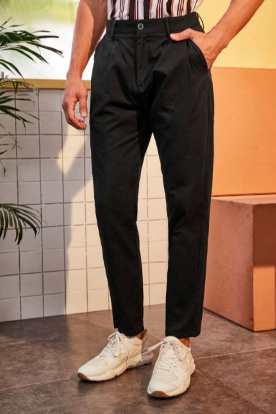 Men Styched Fashion | Solid Button Front Tapered Trousers