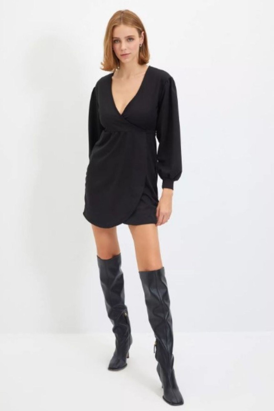 Women Styched Fashion | Black Plunge Neckline Full Sleeve Wrap Dress