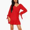 Women Styched Fashion | Red Cup Detail Tie Waist Skater Dress