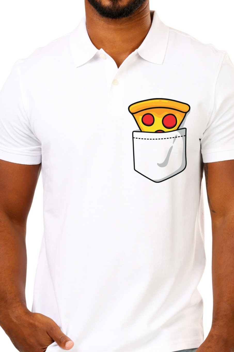 Men Styched Fashion | White Premium Polo T-Shirt With Pizza Towering Out Pocket Print