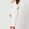 Women Styched Fashion | White Long Sleeve Press Button Midi Bodycon